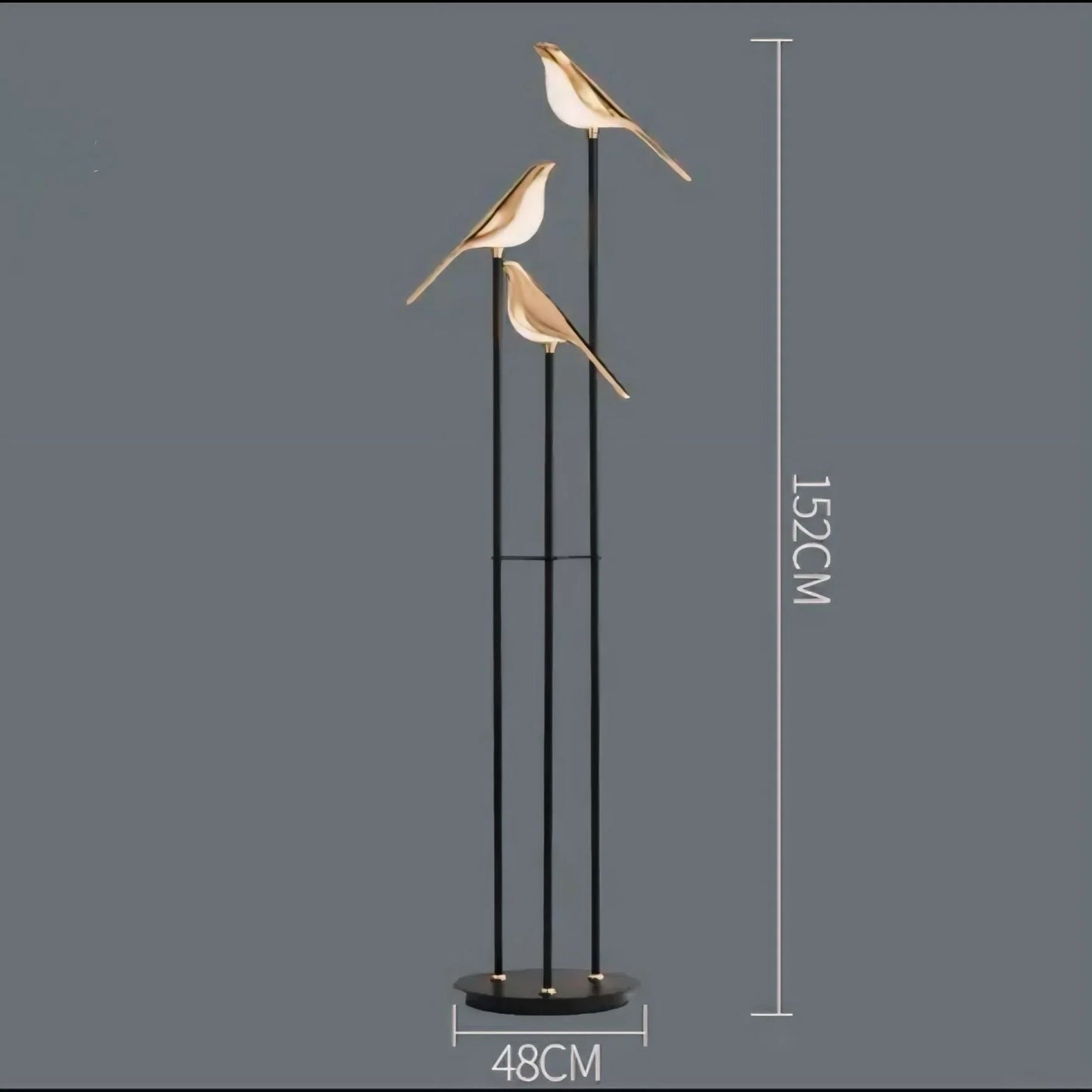 Moderne Vogel-LED-Stehlampe mit 3 Leuchtköpfen und goldenen Details
